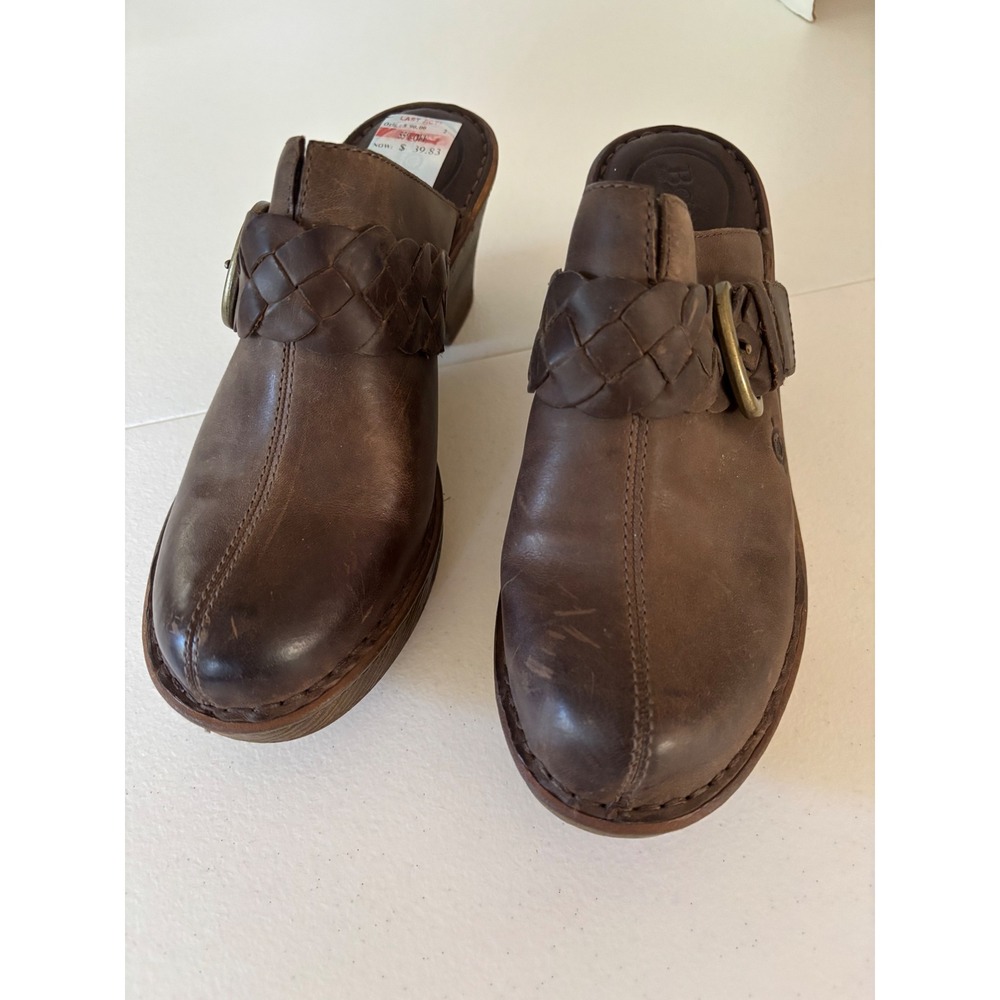 Born Mahal Clout Brown Leather Braided Buckle Platform Clog Mules F05122 Size 9M